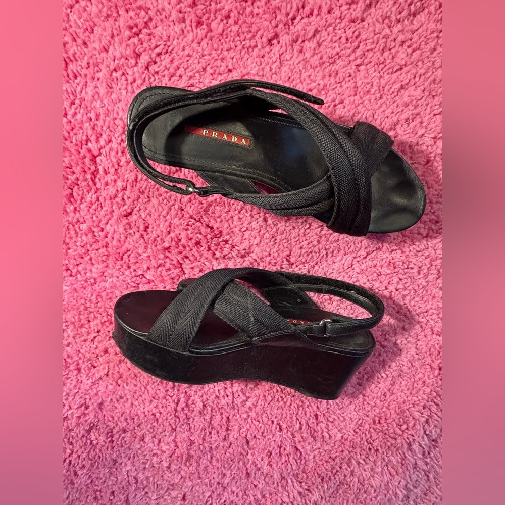 Prada Vintage criss cross Platform Sandals Black Leather Shoes Velcro strap 90s